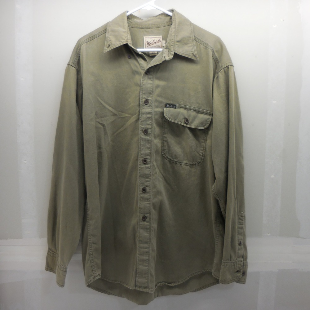 Woolrich Mens Large Olive Green Cotton Rugged Outdoorwear Button Down Shirt